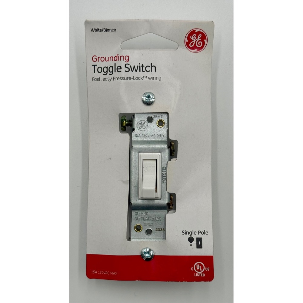 GE Grounding Toggle Switch Single Pole 15A 120V White 54161 Pressure-Lock NEW